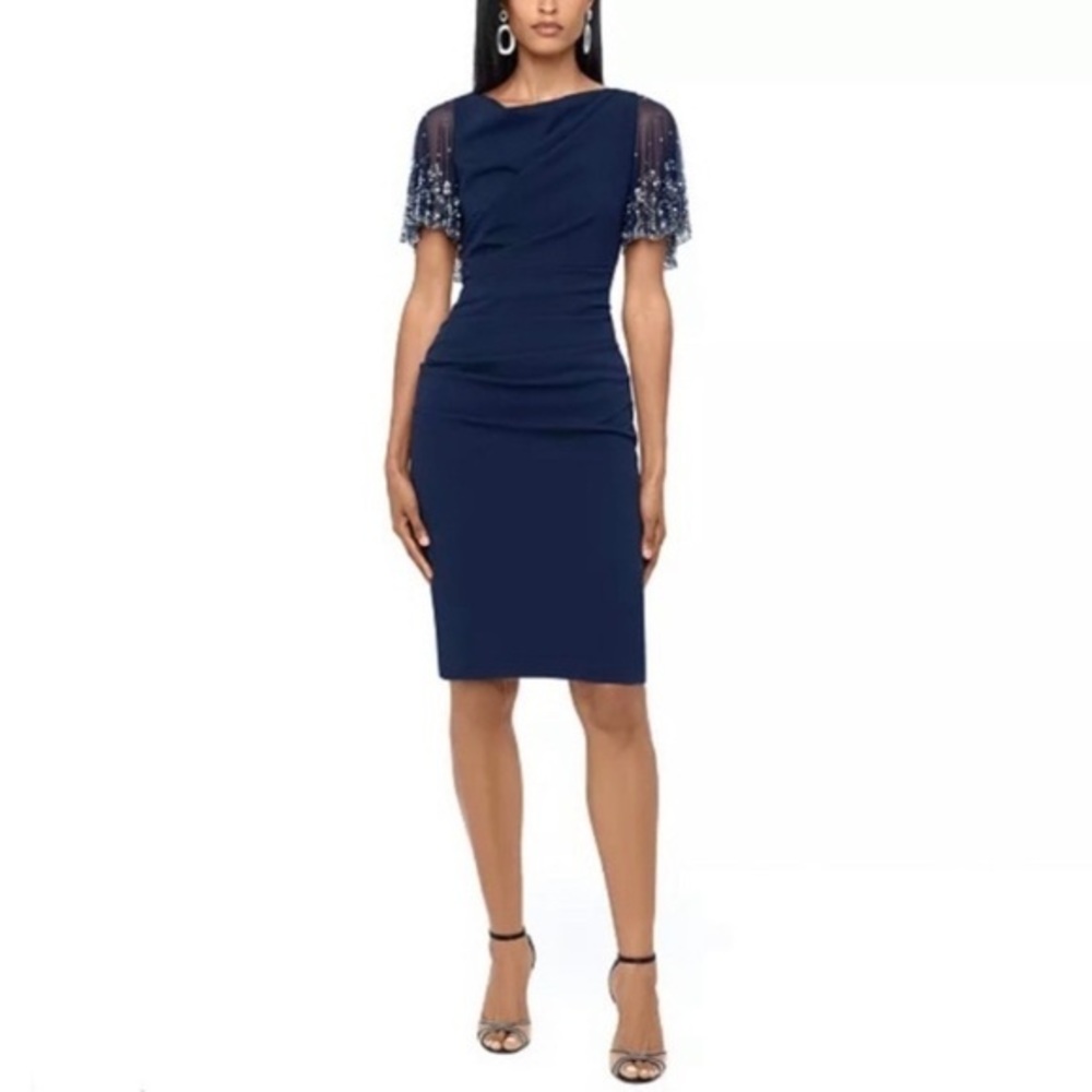 Betsy & Adam Beaded-Sleeve Sheath Dress V-back in Navy/Silver size 16p